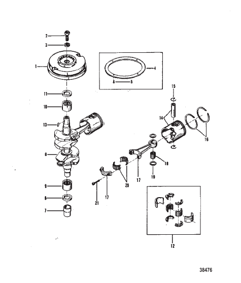 CRANKSHAFT, PISTONS AND FLYWHEEL