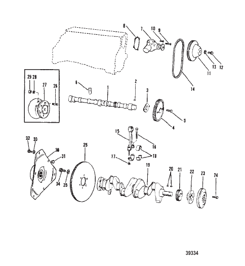 CRANKSHAFT, CAMSHAFT, WATER PUMP (120-2.5L/153 CID)