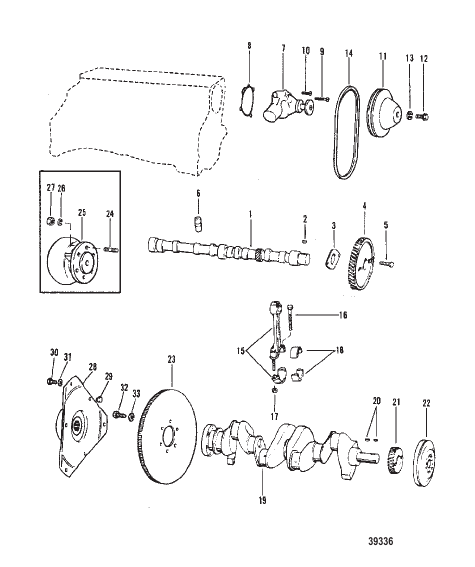 CRANKSHAFT, CAMSHAFT, WATER PUMP (140-3.0L/181 CID)