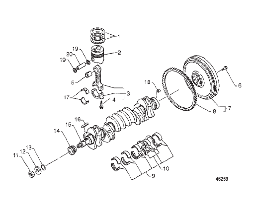 CRANKSHAFT, FLYWHEEL AND PISTONS