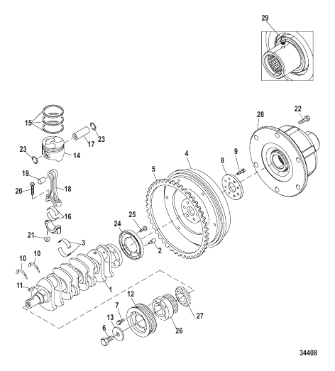 CRANKSHAFT PISTONS, AND FLYWHEEL