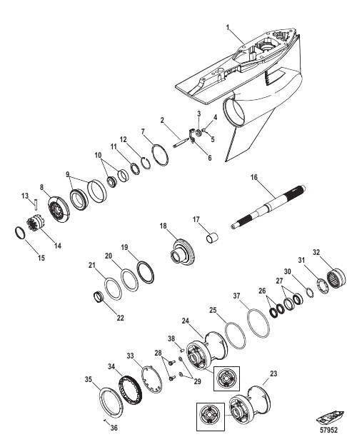 Gear Housing 1.75:1/1.85:1, Prop Shaft Counter Rotation, 5.44 Torpedo, Design-I Roller Forward Bearing